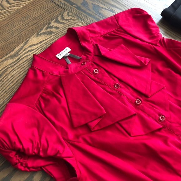 Fitted Red Button Down Top with Ruffles - Picture 3 of 11